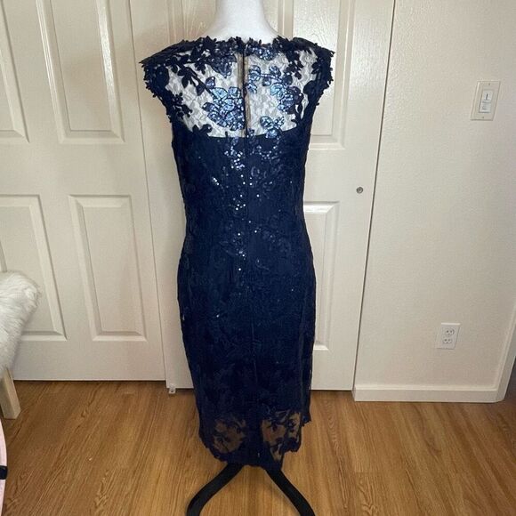 Tadashi Shoji Paillette Embroidered Lace Sheath Cocktail Dress Royal Navy Blue S - Picture 5 of 14